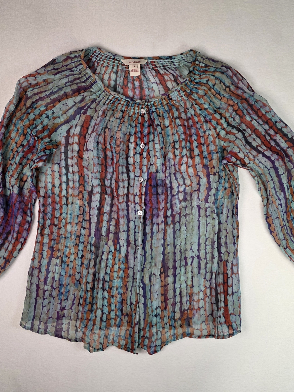 Sundance 100% Silk Watercolor Print Peasant Blouse L Boho Button Sheer - Picture 6 of 8
